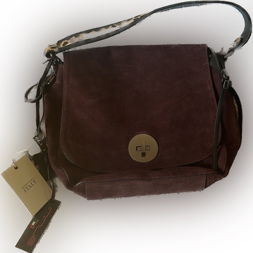 Innue Italian Messenger Bag. Burgundy leather with leopard strap. No cross body.